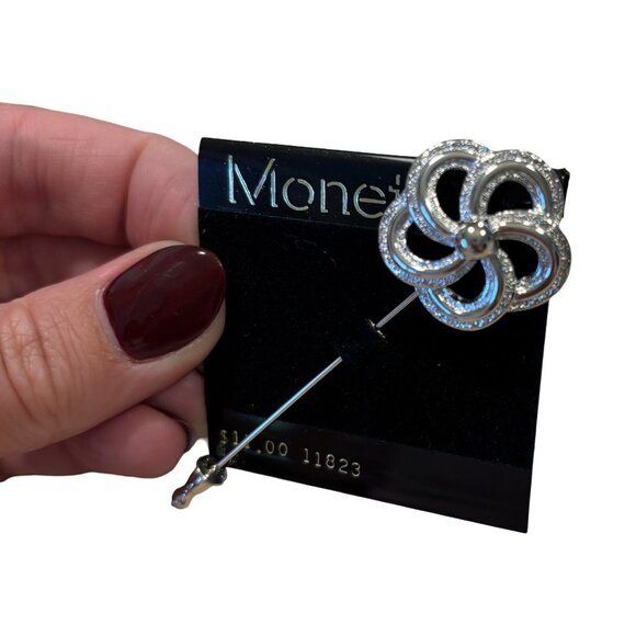 Monet Signed Vintage Hat Scarf Pin Flower Silver tone Floral Delicate NWT - Picture 2 of 6